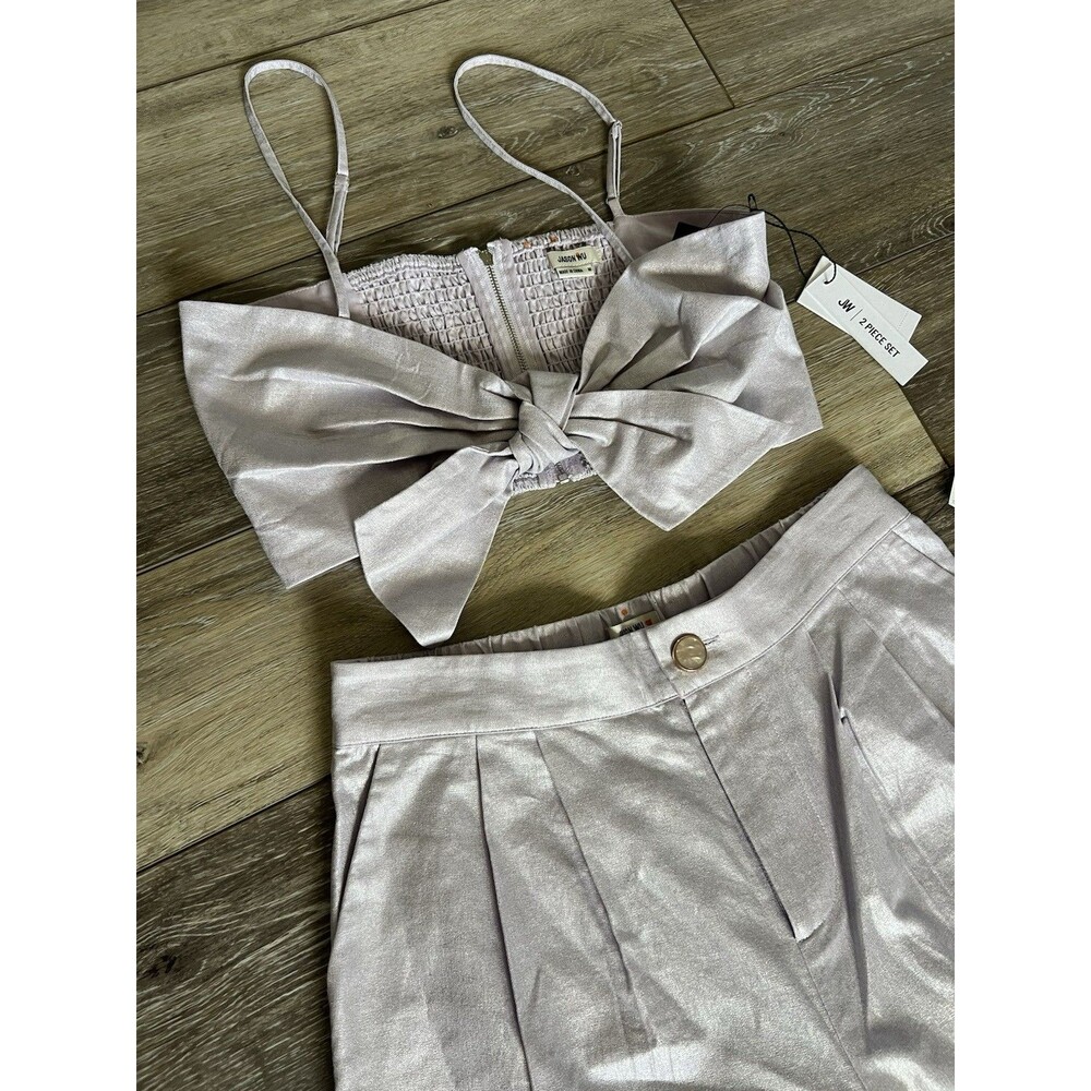Jason Wu Linen Blend Lavender 2 Piece Wide Leg Pant Bow Crop Top Set Size M